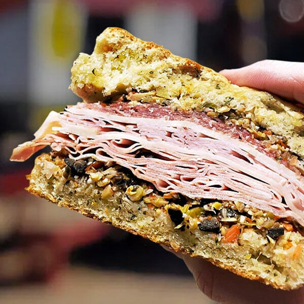 Muffaletta on house-made focaccia Muffaletta on house-made focaccia